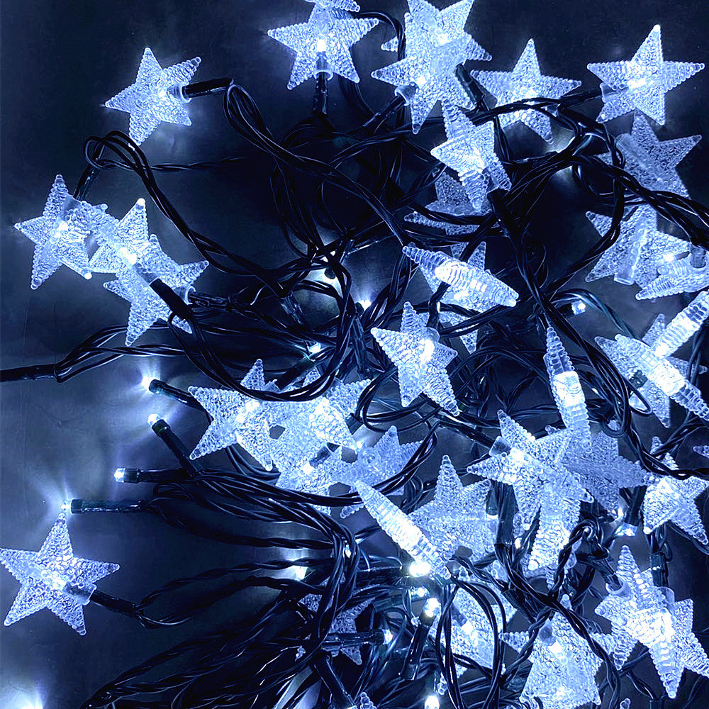 Mains Powered plug in 10M 100LED Cool White Star Shaped fairy light